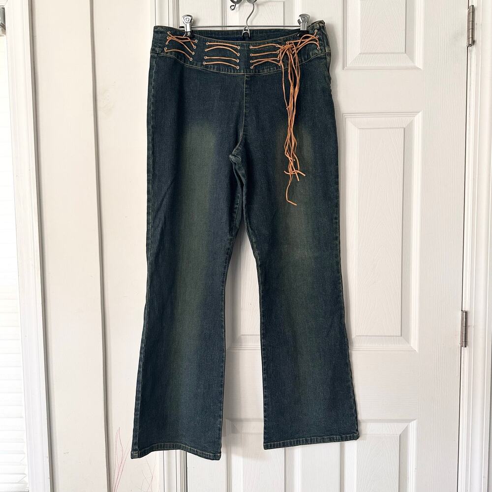 LA Blues Vintage Earthen Wash Faux Leather Rope Tie Belt Low Rise Flare Jeans 12